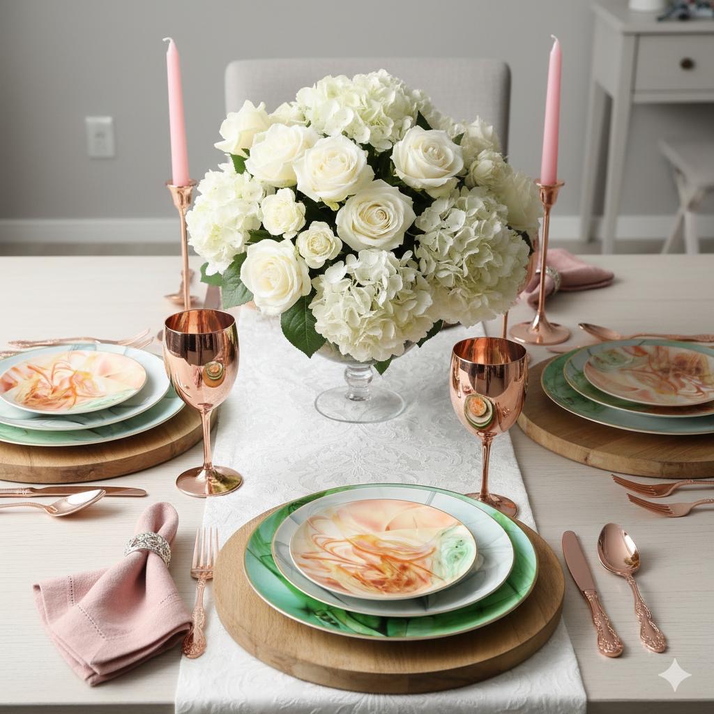 צלחת עם אמנות אבסטרקטית צבע ירוק ואפרסק 